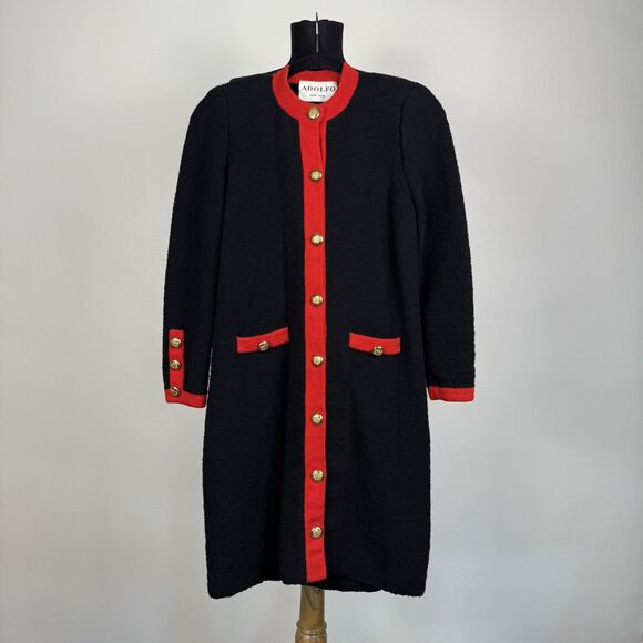 Vintage 1980s Adolfo New York Black Boucle Long Cardigan Knit Coat Dress - Picture 11 of 14